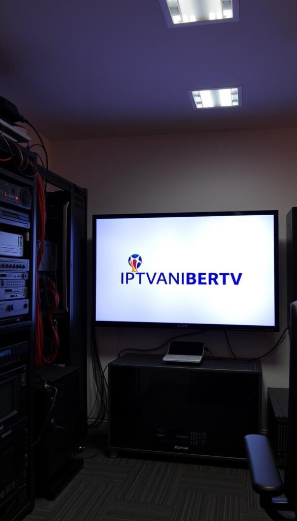 A sleek, modern office setting with a large TV screen displaying the IPTVANBIETERTV logo. The screen is surrounded by high-tech equipment, servers, and cables, conveying a professional, cutting-edge IPTV service provider. The lighting is bright and directional, creating sharp shadows and highlights that emphasize the technological nature of the scene. The camera angle is slightly elevated, giving a sense of authority and expertise. The overall atmosphere is one of reliability, efficiency, and a commitment to delivering the best IPTV experience for the FIFA World Cup.