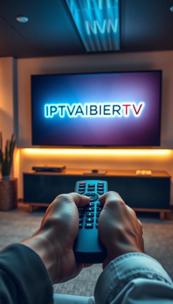 A sleek, modern office setting with a large display screen showcasing the IPTVANBIETERTV brand logo. In the foreground, a person's hands are shown, holding a remote control, conveying the idea of illegal IPTV access. The lighting is warm and inviting, but a subtle sense of unease permeates the scene, hinting at the legal and ethical concerns surrounding such services. The background is slightly blurred, focusing the viewer's attention on the central elements. The overall mood is one of temptation and risk, capturing the essence of the "IPTV illegale Anbieter: Was Sie wissen müssen" section.
