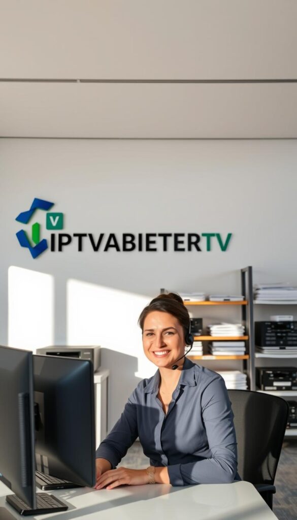 A sleek, modern office setting with a large, stylized IPTVANBIETERTV logo prominently displayed on the wall. The room is filled with natural light, creating a warm and inviting atmosphere. In the foreground, a customer service representative sits at a desk, ready to assist clients with any inquiries or issues. The representative's friendly and attentive expression conveys a commitment to providing excellent support. In the background, shelves of neatly organized equipment and paperwork suggest a well-run, professional operation. The overall scene evokes a sense of reliability, efficiency, and a focus on customer satisfaction.