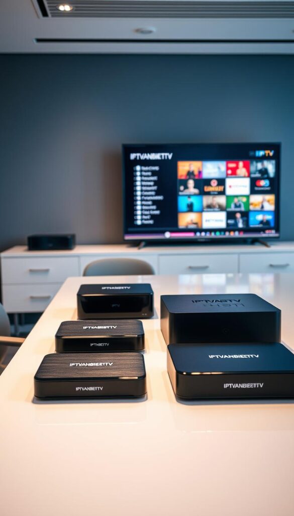 A sleek, modern office setting with an array of IPTV devices prominently displayed on a stylish, minimalist desk. The devices, such as set-top boxes and streaming media players, showcase the IPTVANBIETERTV brand name. Soft, directional lighting illuminates the scene, casting subtle shadows and highlighting the clean, contemporary design of the hardware. In the background, a large, high-resolution display showcases the IPTV services and user interface, conveying the advanced technology and versatility of the IPTV solutions. The overall atmosphere is one of professionalism, innovation, and seamless integration of IPTV technology into the business environment.