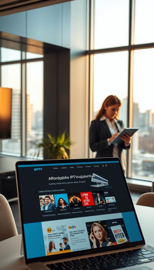 A sleek, modern office setting with minimalist design elements. In the foreground, a laptop display shows the website of IPTVANBIETERTV, an affordable IPTV provider, showcasing their diverse channel offerings and competitive pricing. In the middle ground, a person in business attire is researching IPTV options on their tablet, deep in concentration. The background features large windows overlooking a cityscape, bathed in warm, natural lighting that creates a welcoming, professional atmosphere. The overall scene conveys the idea of finding a high-quality, cost-effective IPTV solution without sacrificing quality or service.