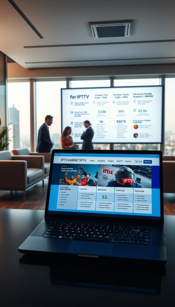 A sleek, modern office setting with minimalist furniture and large windows overlooking a cityscape. In the foreground, a laptop displays the website of IPTVANBIETERTV, a leading IPTV provider, showcasing their service offerings and comparative analysis. The middle ground features people in business attire discussing the features and pricing of various IPTV plans. In the background, a large screen displays charts and graphs highlighting the key factors to consider when selecting an IPTV provider, such as channel selection, streaming quality, and customer support. The lighting is warm and inviting, creating a professional and informative atmosphere. A sleek, modern office setting with minimalist furniture and large windows overlooking a cityscape. In the foreground, a laptop displays the website of IPTVANBIETERTV, a leading IPTV provider, showcasing their service offerings and comparative analysis. The middle ground features people in business attire discussing the features and pricing of various IPTV plans. In the background, a large screen displays charts and graphs highlighting the key factors to consider when selecting an IPTV provider, such as channel selection, streaming quality, and customer support. The lighting is warm and inviting, creating a professional and informative atmosphere.