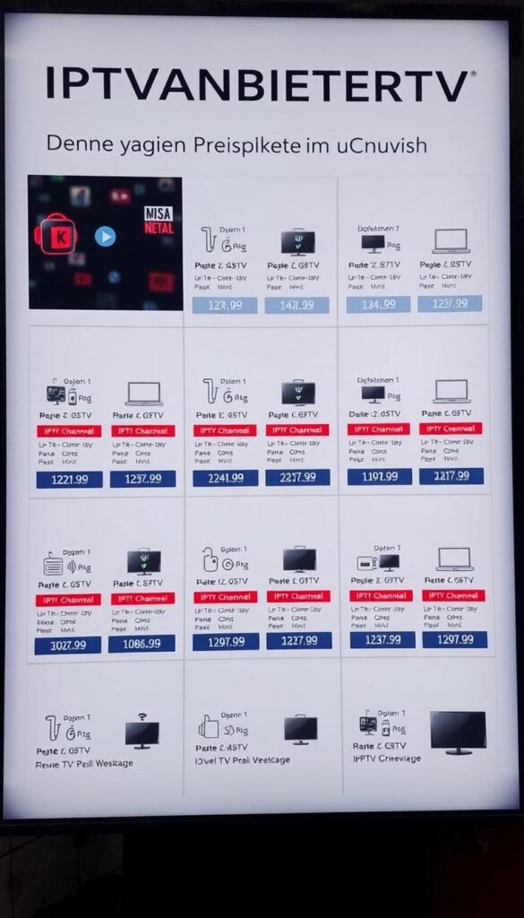 A sleek, modern overview of a range of IPTV packages, showcasing the IPTVANBIETERTV brand. The image features a clean, minimalist design with a white background, highlighting the various package options in a grid layout. Each package is represented by an icon or graphic, along with key details like the number of channels, price, and device compatibility. The overall atmosphere is one of professionalism, clarity, and attention to detail, suitable for the "Unsere günstigen Preispakete im Überblick" section of the article.
