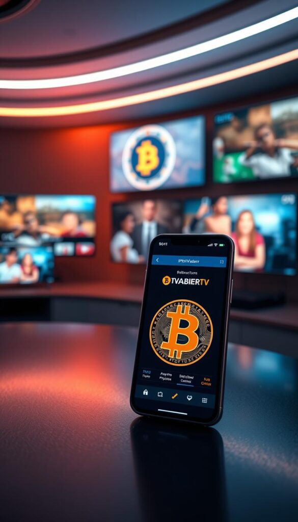 A sleek, modern setup featuring a stylized IPTVANBIETERTV logo and display showcasing the seamless integration of Bitcoin payment options for IPTV services. The scene is bathed in a warm, futuristic lighting, creating an atmosphere of technological innovation and financial flexibility. In the foreground, a smartphone displays a Bitcoin wallet interface, while in the background, a series of digital screens demonstrate the diverse IPTV content available to subscribers. The composition emphasizes the convergence of cutting-edge entertainment and cryptocurrency, capturing the allure of this emerging trend in the IPTV market.
