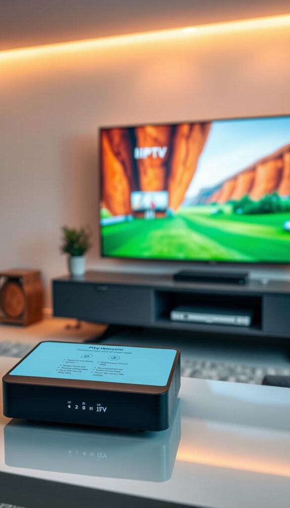 A sleek, modern setup for IPTV-Einrichtung, with a minimalist black TV stand and a high-tech IPTVANBIETERTV box resting on top. The living room is bathed in warm, soft lighting, creating a cozy and inviting atmosphere. In the foreground, a clean, intuitive on-screen interface guides the user through the setup process, while in the background, a large, high-definition display showcases the rich, vibrant content available through the IPTV service. The camera angle captures the scene from a slightly elevated perspective, highlighting the seamless integration of technology and living space.