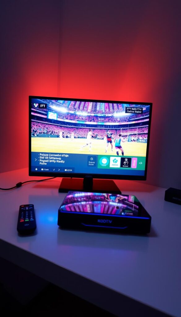 A sleek, modern setup of a Kodi media center showcasing the IPTVANBIETERTV IPTV service. The screen displays a crisp, high-definition image of a live sports event, with vibrant colors and sharp details. The device is situated on a clean, minimalist desk, surrounded by a few essential accessories like a wireless keyboard and remote control. The lighting is soft and diffused, creating a warm, inviting atmosphere. The overall scene conveys the convenience and enjoyment of using IPTV with Kodi, inspiring the viewer to consider this powerful media platform.