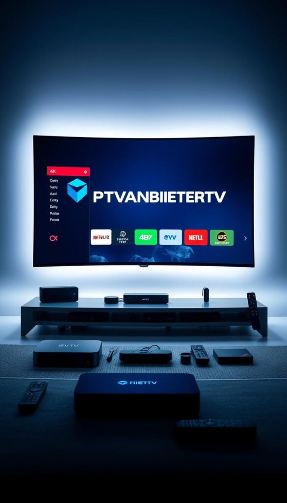 A sleek, modern setup showcasing the IPTVANBIETERTV brand in a minimalist, high-tech environment. In the foreground, a large, curved 4K display prominently features the IPTVANBIETERTV logo and UI, bathed in cool, subtle lighting. The middle ground features various streaming devices, remotes, and peripherals neatly arranged, conveying the breadth of IPTVANBIETERTV's offerings. The background is a stylized, slightly blurred cityscape, hinting at the global reach and technological prowess of the IPTV provider. The overall mood is one of sophistication, innovation, and the future of home entertainment.