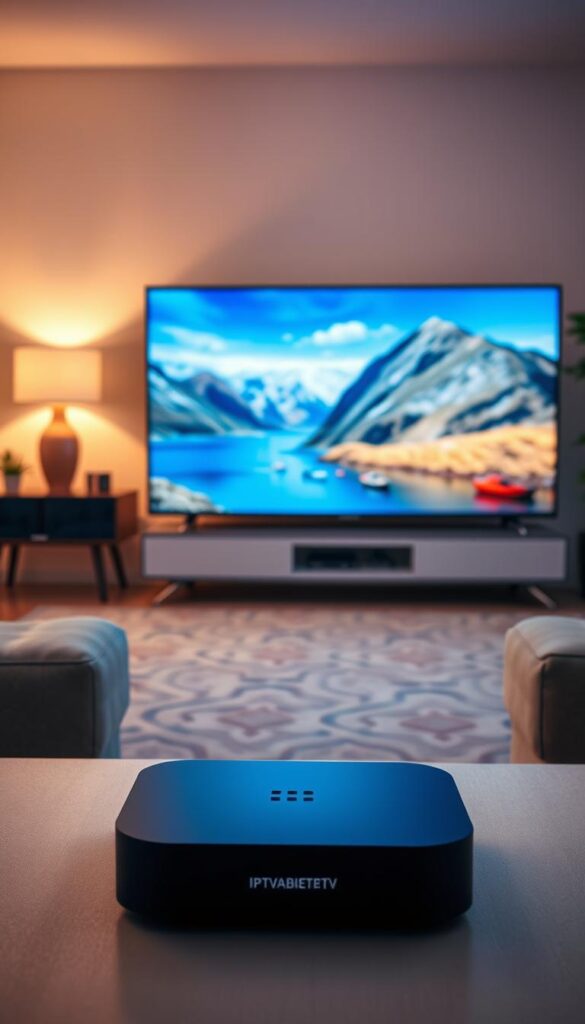 A sleek, modern setup showcasing the IPTVANBIETERTV streaming service. In the foreground, a high-resolution display presents vibrant, crystal-clear video playback, representing the top-tier video quality. The middle ground features a sophisticated media center device, its minimalist design blending seamlessly into the environment. In the background, a cozy, well-lit living room sets the scene, creating a comfortable and immersive viewing experience. Soft, warm lighting accentuates the premium, high-end aesthetic, while clean lines and subtle textures convey a sense of technology and innovation. The overall composition emphasizes the exceptional streaming capabilities of IPTVANBIETERTV, highlighting its ability to deliver a premium, cinematic viewing experience in the comfort of one's own home.