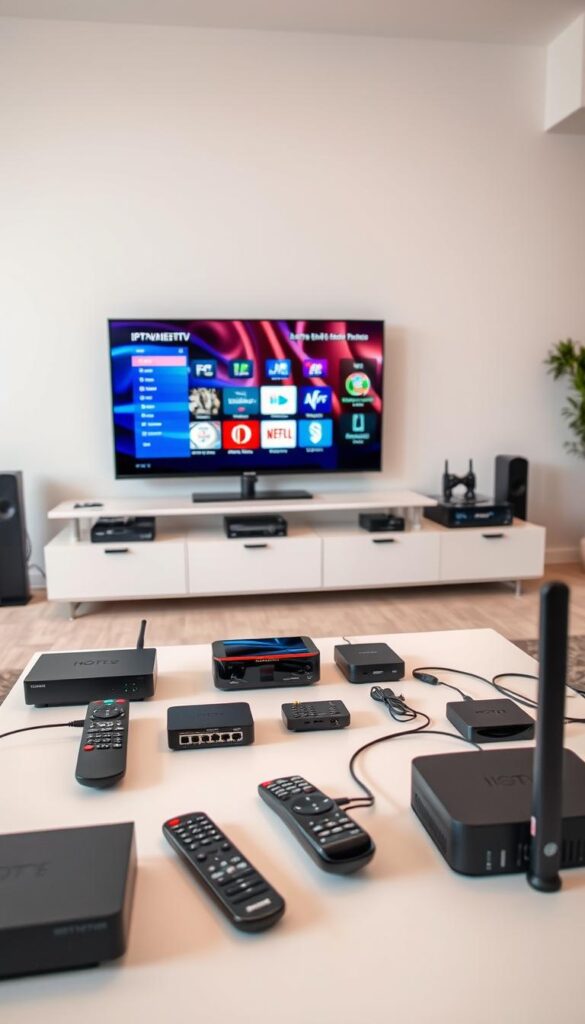A sleek, modern setup showcasing the popular IPTVANBIETERTV service. In the foreground, a state-of-the-art smart TV displays a vibrant, high-definition interface, inviting the viewer to explore the IPTV offerings. The middle ground features an array of streaming devices, remote controls, and networking equipment, all seamlessly integrated to provide a comprehensive IPTV experience. The background depicts a minimalist, well-lit home entertainment space, with subtle hints of technological sophistication. The overall scene conveys a sense of convenience, reliability, and the future of television consumption.
