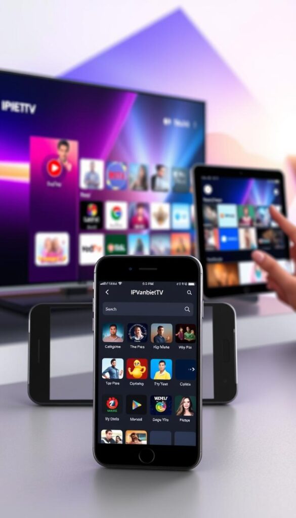 A sleek, modern smart IPTV app interface displayed on a variety of devices, including a smart TV, smartphone, and tablet. The app features the IPTVANBIETERTV brand prominently, with a clean, intuitive design and easy-to-navigate menus. The foreground showcases the app's user-friendly layout, featuring categories, search functionality, and high-quality video thumbnails. The middle ground depicts the app being used on different devices, demonstrating its cross-platform compatibility. The background subtly suggests a vibrant, tech-savvy atmosphere, with subtle gradients and geometric shapes. The overall scene conveys a sense of sophistication, accessibility, and the convenience of a comprehensive smart IPTV solution. A sleek, modern smart IPTV app interface displayed on a variety of devices, including a smart TV, smartphone, and tablet. The app features the IPTVANBIETERTV brand prominently, with a clean, intuitive design and easy-to-navigate menus. The foreground showcases the app's user-friendly layout, featuring categories, search functionality, and high-quality video thumbnails. The middle ground depicts the app being used on different devices, demonstrating its cross-platform compatibility. The background subtly suggests a vibrant, tech-savvy atmosphere, with subtle gradients and geometric shapes. The overall scene conveys a sense of sophistication, accessibility, and the convenience of a comprehensive smart IPTV solution.