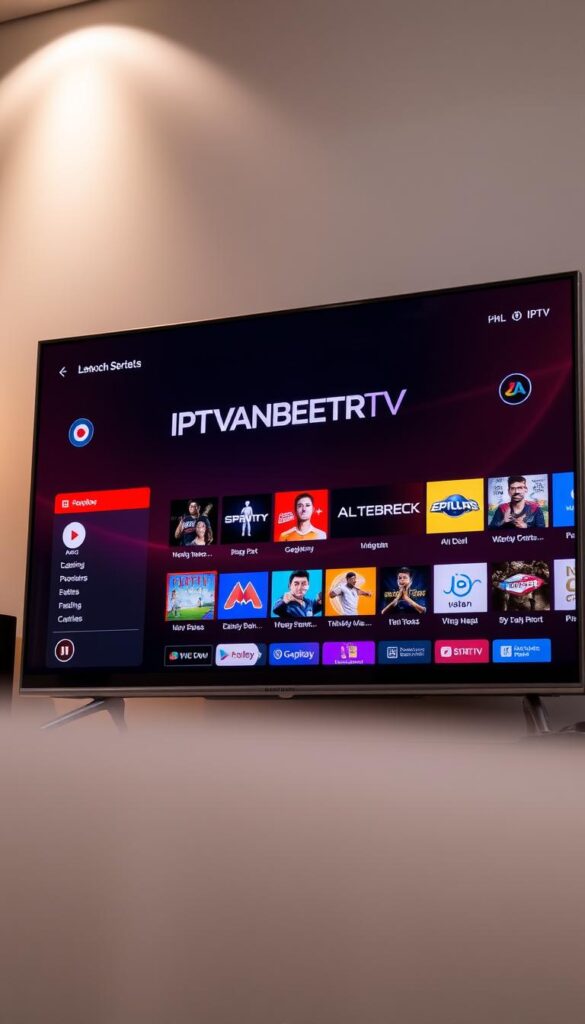 A sleek, modern smart TV displaying a vibrant array of IPTV channels and programs, inviting the viewer to unlock a world of entertainment. The screen is crisp and clear, showcasing the IPTVANBIETERTV brand prominently. The user interface is intuitive and user-friendly, with a clean, minimalist design that allows easy navigation. The lighting is soft and warm, creating a cozy, inviting atmosphere. The camera angle is slightly elevated, providing a dynamic, immersive perspective. The background is blurred, keeping the focus on the captivating display of IPTV content.