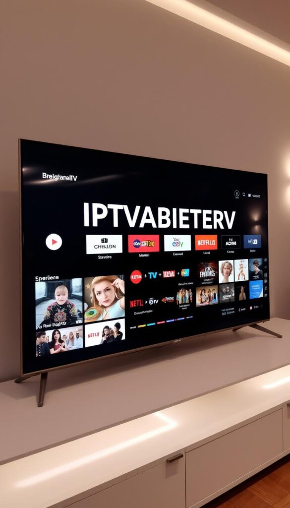 A sleek, modern smart TV displaying the IPTVANBIETERTV brand name in a minimalist, high-contrast interface. The screen showcases an array of live TV channels, streaming services, and on-demand content, reflecting the wide variety of entertainment options available with an IPTV subscription. The TV is placed on a clean, contemporary media console, with subtle lighting accents drawing attention to the display. The overall scene conveys the convenience, accessibility, and versatility of an IPTV service for German users.
