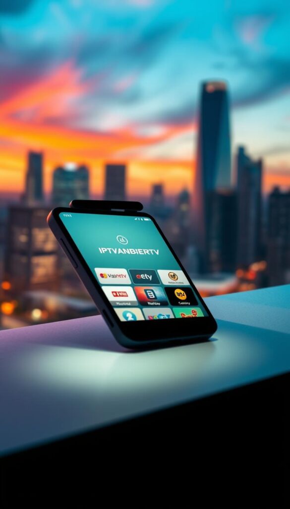 A sleek, modern smartphone display showcasing the IPTVANBIETERTV brand, set against a backdrop of a vibrant city skyline. The screen features a clean, intuitive interface with various IPTV service options, highlighting the convenience of watching TV on the go. Soft, directional lighting illuminates the scene, creating a sense of sophistication and technological advancement. The overall composition emphasizes the seamless integration of IPTV services into the mobile experience, conveying the versatility and accessibility of the IPTVANBIETERTV platform.