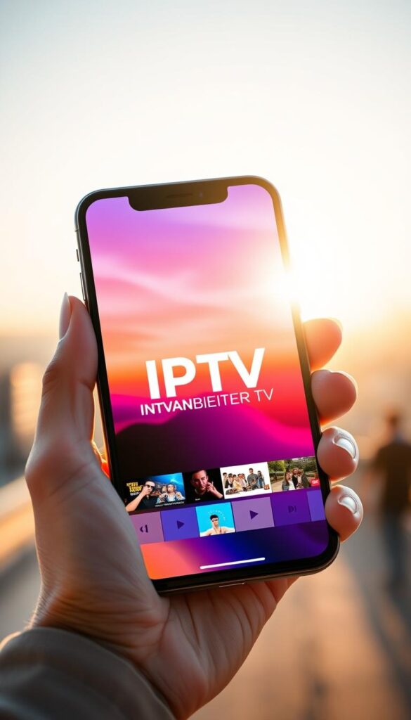 A sleek, modern smartphone held in a person's hand, the screen displaying a vibrant, high-definition IPTV interface. The scene is bathed in a warm, natural lighting, casting a soft glow on the device. In the background, a blurred cityscape or scenic landscape suggests the mobility and versatility of IPTV consumption on the go. The IPTVANBIETERTV logo is prominently displayed, integrating seamlessly with the overall design. The composition conveys the ease and convenience of accessing a wide range of TV content anytime, anywhere, on a portable device.