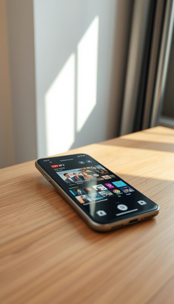 A sleek, modern smartphone rests on a minimalist, wooden table, its screen displaying a vibrant IPTV interface. The screen showcases a diverse array of entertainment options, from live news broadcasts to captivating movies and TV shows. The smartphone's camera captures the scene in crisp, high-resolution detail, conveying the convenience and mobility of the IPTVANBIETERTV experience. Soft, directional lighting from a nearby window illuminates the scene, creating a warm, inviting atmosphere. The overall composition emphasizes the seamless integration of IPTV technology with the user's on-the-go lifestyle, highlighting the advantages of enjoying television content on a portable, versatile device.