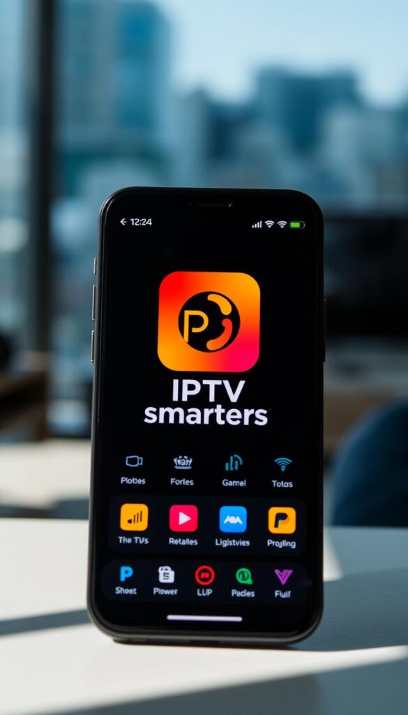A sleek, modern smartphone screen displaying the IPTV Smarters app interface. The app's vibrant logo is prominently featured, surrounded by a clean, minimalist design with intuitive icons and menus. The screen is illuminated by soft, natural lighting, casting subtle shadows and highlights that accentuate the app's user-friendly layout. In the background, a blurred cityscape or living room scene conveys a sense of connectivity and entertainment. The overall tone is professional, sophisticated, and inviting, reflecting the app's position as a leading IPTV streaming solution. IPTVANBIETERTV