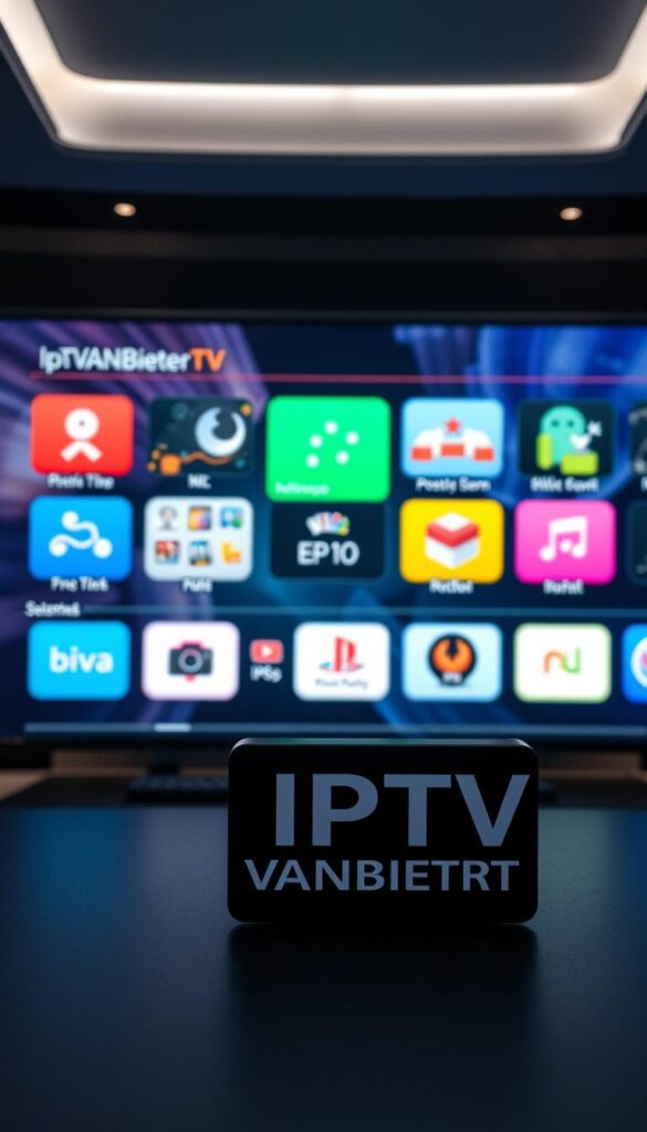 A sleek, modern software interface showcasing a variety of IPTV apps and services. In the foreground, the IPTVANBIETERTV brand logo stands prominently, rendered in a minimalist, high-contrast style. The middle ground features a grid of colorful app icons, each representing different IPTV streaming options. The background depicts a sophisticated, tech-inspired environment with subtle lighting effects, creating a sense of depth and professionalism. The overall composition conveys the seamless integration of IPTV technology into a user's digital lifestyle, emphasizing the versatility and accessibility of the IPTVANBIETERTV platform.