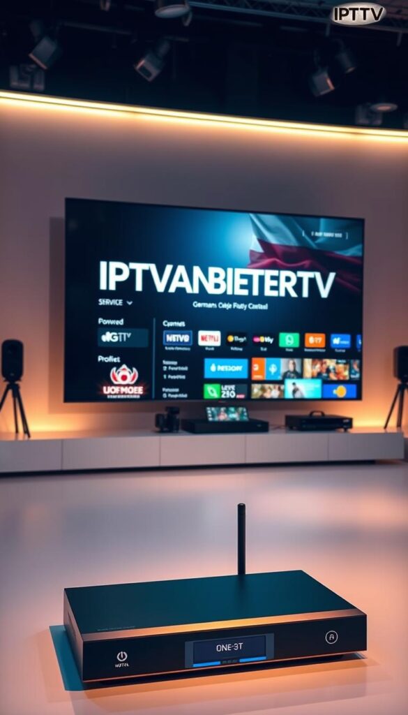 A sleek, modern studio setting with a large, high-definition display showcasing the IPTVANBIETERTV brand. Soft, warm lighting illuminates the scene, casting a subtle glow across the screen. The display presents a visually appealing user interface, highlighting the wide range of German TV channels and on-demand content available through the IPTV service. In the foreground, a high-end streaming device sits prominently, emphasizing the service's compatibility with multiple devices. The background features a clean, minimalist design, allowing the IPTVANBIETERTV branding and content to take center stage. The overall atmosphere conveys a sense of professionalism, reliability, and technological innovation.