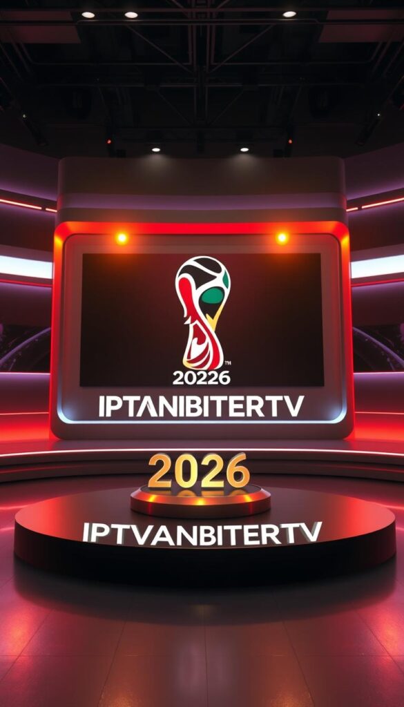 A sleek, modern studio setting with clean, minimalist design. In the center, a state-of-the-art IPTVANBIETERTV logo takes center stage, rendered in shimmering metallic tones. The background features a large, high-definition screen displaying the 2026 FIFA World Cup logo, bathed in warm, cinematic lighting. The scene conveys a sense of professionalism, technological prowess, and the excitement of the upcoming tournament. The camera angle is slightly elevated, lending an air of authority and prestige to the IPTVANBIETERTV brand.
