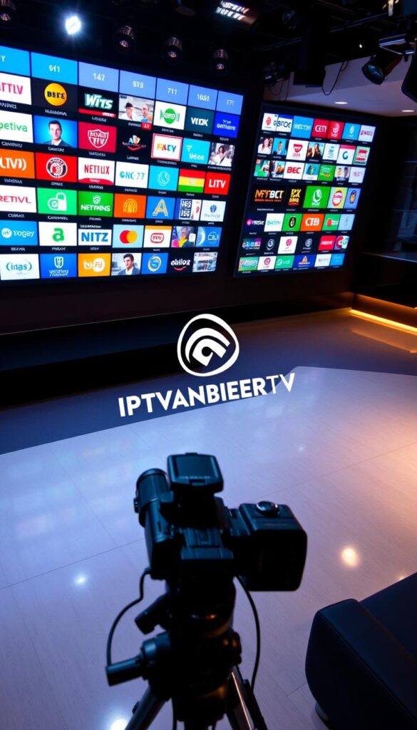 A sleek, modern television broadcasting studio with a large video wall displaying a diverse array of international television channels. The studio is well-lit with a combination of soft, diffused lighting and focused spotlights, creating a professional and visually appealing atmosphere. In the foreground, a high-end camera and audio equipment are neatly arranged, suggesting a sophisticated live broadcasting setup. The middle ground features a prominent IPTVANBIETERTV logo prominently displayed, conveying the brand identity. The background showcases a panoramic view of a cosmopolitan cityscape, hinting at the global reach and comprehensive channel selection offered by the IPTV service. The overall scene exudes a sense of technological innovation, reliability, and the ability to access a wide range of international programming without the need for registration.