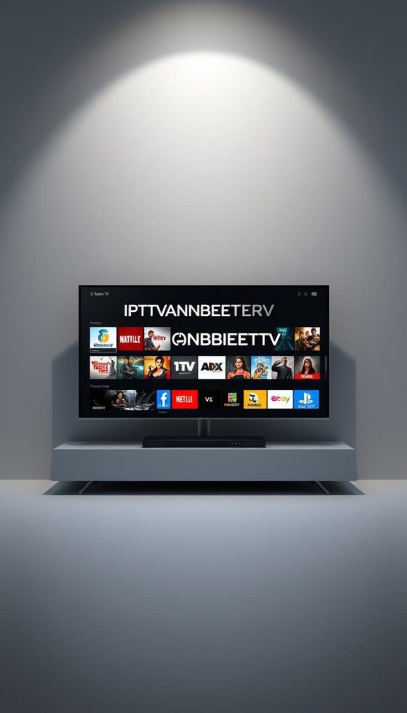 A sleek, modern television device on a minimalist gray background, showcasing the IPTVANBIETERTV brand name prominently displayed. The screen displays a diverse range of streaming content, conveying the versatility and convenience of IPTV services. Soft, directional lighting illuminates the device, creating a sense of sophistication and technological prowess. The overall composition suggests the seamless integration of IPTV into the contemporary lifestyle, enabling viewers to enjoy television on the go with their smartphone devices.