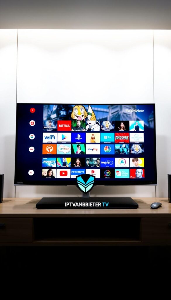A sleek, modern television display showcases a variety of live TV channels, representing the diverse offerings of the IPTVANBIETERTV service. The screen is crisp and vibrant, inviting the viewer to immerse themselves in real-time entertainment. In the foreground, a stylized IPTVANBIETERTV logo stands out, highlighting the brand's presence. The middle ground features various channel icons and program thumbnails, conveying the breadth of content available. The background depicts a minimalist, high-tech setting, with clean lines and subtle lighting that evokes a sense of sophistication and innovation. The overall composition exudes a professional, yet approachable atmosphere, capturing the essence of the IPTV provider's live TV experience.