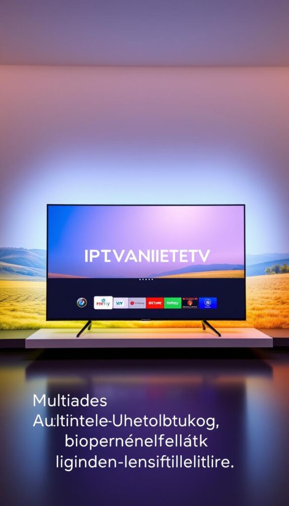 A sleek, modern television display showcases the IPTVANBIETERTV brand, presenting a visually appealing and intuitive interface. The screen features a clean, minimalist design with sharp edges and a subtle glow, creating a sense of premium quality. The background is a vibrant, gradient-based landscape, with soft lighting and a sense of depth, conveying a cozy and inviting atmosphere. The overall composition emphasizes the versatility and seamless multi-device integration of the IPTVANBIETERTV service, reflecting the "Multigeräte-Unterstützung für grenzenlose Flexibilität" section of the article.