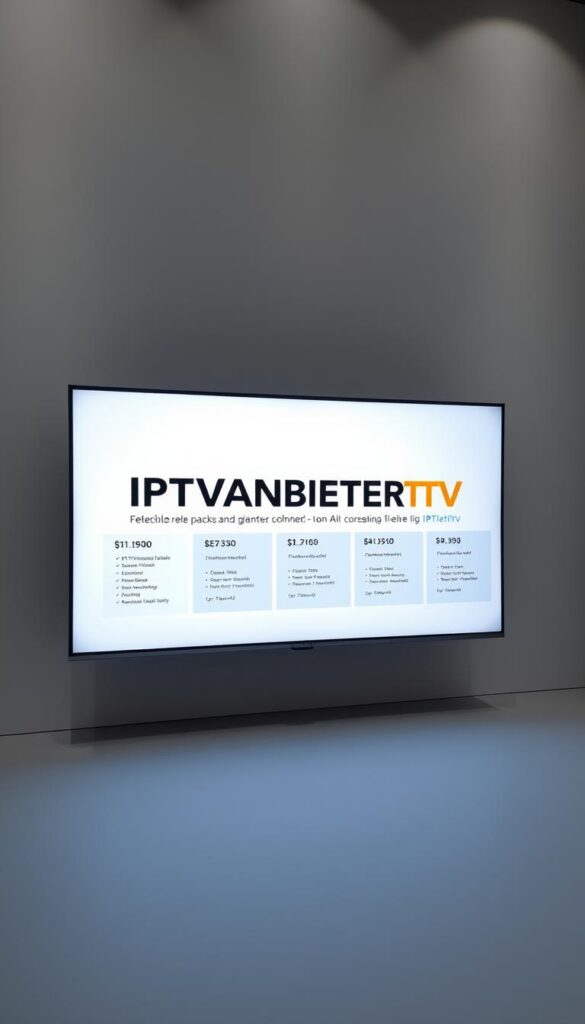 A sleek, modern television display showcasing the IPTVANBIETERTV brand name in a bold, minimalist design. The screen is set against a clean, gray background, with subtle lighting creating a sense of depth and dimension. The display features a clean, intuitive user interface, showcasing a range of flexible pricing options and packages, reflecting the "IPTV Anbieter ohne Abo" concept. The overall mood is one of professionalism, simplicity, and accessibility, inviting the viewer to explore the IPTVANBIETERTV service without the burden of long-term commitments.