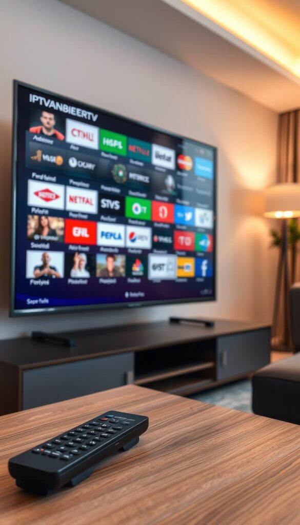 A sleek, modern television displaying a diverse array of international channels, showcasing the comprehensive IPTVANBIETERTV service. The screen is crisp and vibrant, with a seamless user interface highlighting the extensive channel selection. In the foreground, a remote control rests on a minimalist, wood-grain table, hinting at the ease of navigation. The background features a sophisticated living room setting, with warm lighting and neutral tones creating a cozy, inviting atmosphere. The overall impression conveys the premium quality and robust offering of IPTVANBIETERTV, catering to the discerning viewers in Austria.