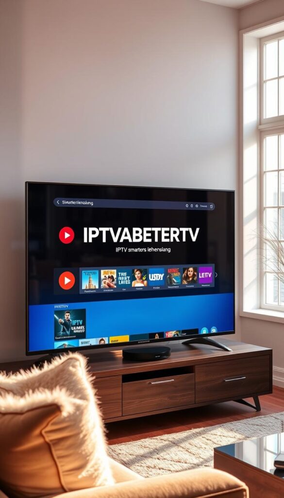A sleek, modern television displaying the IPTVANBIETERTV brand logo, showcasing the iptv smarters lebenslang service. The screen presents a visually captivating user interface, highlighting the vast content library and intuitive navigation. The television is situated in a cozy, well-lit living room setting, with warm lighting filtering through large windows. Plush, comfortable furniture and carefully curated decor create a inviting, premium atmosphere. The image conveys a sense of seamless entertainment and the joys of an endless streaming experience, perfectly tailored for the discerning German viewer.