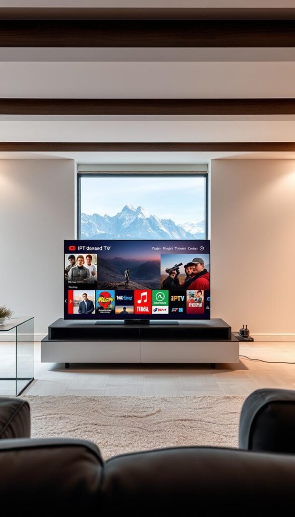 A sleek, modern television displaying the IPTVANBIETERTV brand name, positioned prominently in the foreground. The screen showcases a dynamic array of on-demand content and live television channels, reflecting the diverse entertainment options available through an IPTV service in Switzerland. The middle ground features a clean, minimalist interior design, with neutral tones and subtle lighting creating a sophisticated ambiance. In the background, a panoramic view of the Swiss Alps, conveying the alpine setting and the seamless integration of technology and natural beauty that IPTV can provide to Swiss households.