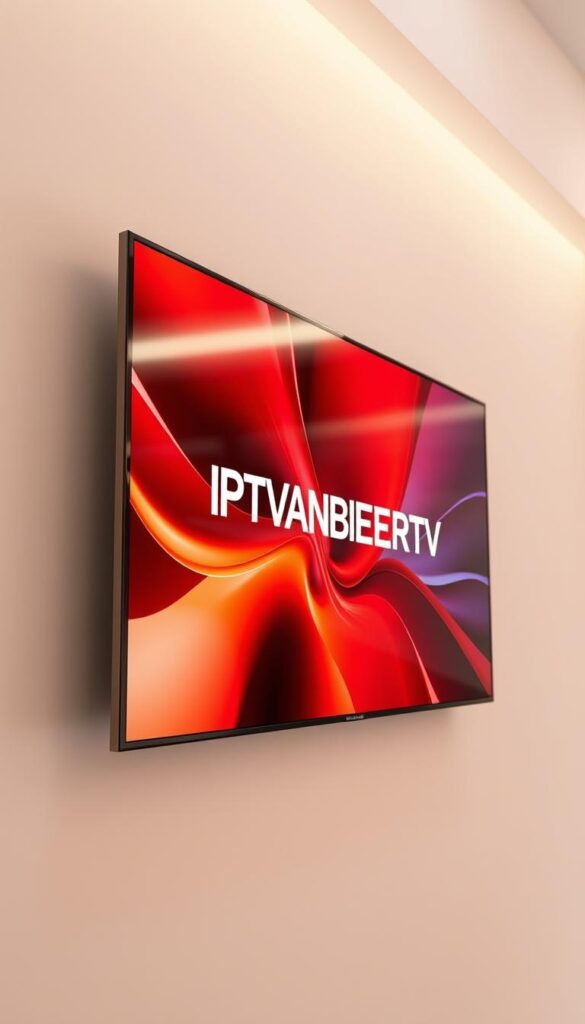 A sleek, modern television screen displaying a sharp, high-quality IPTV image. The screen is mounted on a clean, minimalist wall in a well-lit room, with soft, diffused lighting creating a warm, inviting atmosphere. The image on the screen showcases the IPTVANBIETERTV brand, with bold, vibrant colors and crisp, detailed visuals. The screen's aspect ratio and pixel density suggest a high-definition, widescreen display, perfectly suited for immersive IPTV viewing. The overall scene conveys a sense of technological sophistication and visual excellence, reflecting the quality and capabilities of the IPTV service.