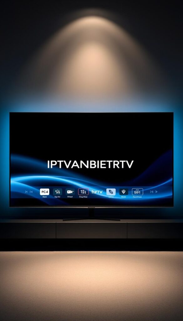 A sleek, modern television screen displaying the bold logo "IPTVANBIETERTV" against a sophisticated backdrop of dark gray and blue gradients, hinting at the advanced technology and premium quality of this premier IPTV provider in Germany. The screen is flanked by elegant, minimalist icons and UI elements, conveying a sense of user-friendly functionality and seamless digital entertainment. Subtle lighting casts a warm, inviting glow, creating an atmosphere of quality, reliability, and the pinnacle of IPTV experiences.