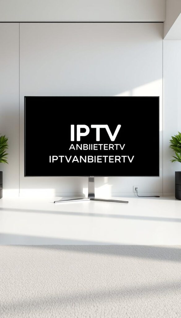 A sleek, modern television screen displaying the crisp, high-definition logo for "IPTVANBIETERTV" against a stylish, minimalist backdrop. The screen is positioned in a well-lit, airy room with clean lines and a neutral color palette, creating a sense of professionalism and authority. The lighting is soft and diffused, highlighting the screen's display and lending an air of sophistication. The camera angle is slightly elevated, giving the viewer a sense of the screen's prominence and importance within the scene. The overall composition and styling convey the idea of a trusted, industry-leading IPTV provider.