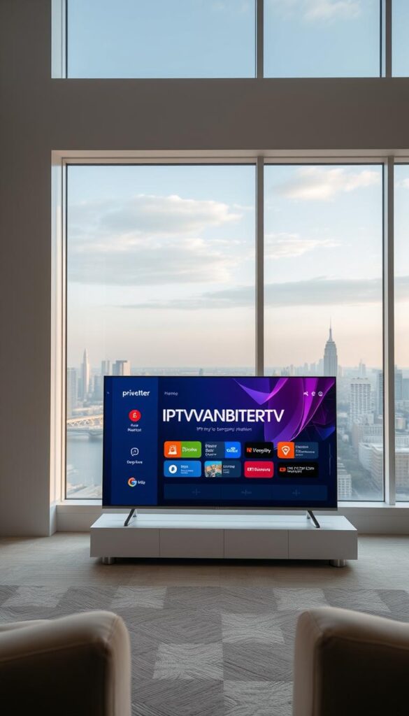 A sleek, modern television set displaying the brand name "IPTVANBIETERTV" in a stylish, minimalist font. The screen is showcasing a dynamic, visually engaging user interface with intuitive navigation menus and a vibrant color palette. The TV is positioned on a clean, minimalist stand in a well-lit, contemporary living room setting, with large windows providing natural illumination and a panoramic view of a cityscape in the background. The overall scene conveys a sense of technological sophistication, convenience, and the future of home entertainment.