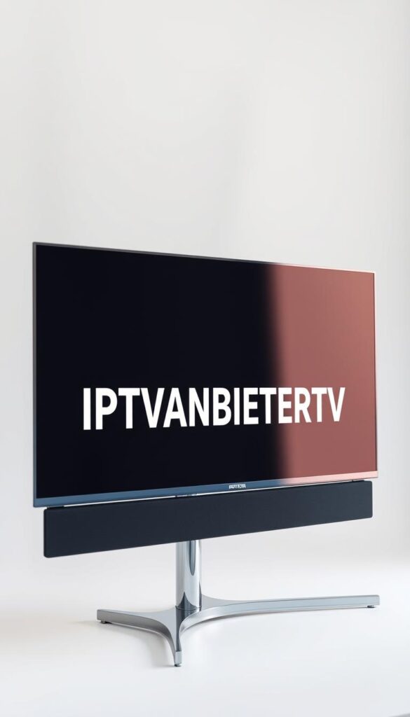 A sleek, modern television set displays the bold letters "IPTVANBIETERTV" against a clean, minimalist backdrop. The screen is mounted on a sturdy, chrome-finished stand, giving it a professional, high-quality appearance. The overall design evokes a sense of technological sophistication and reliability, perfectly suited for a leading IPTV provider in Germany. Soft, diffused lighting illuminates the scene, creating a warm and inviting atmosphere. The camera angle is slightly elevated, providing a balanced and symmetrical composition that emphasizes the product's prominence and attention to detail.