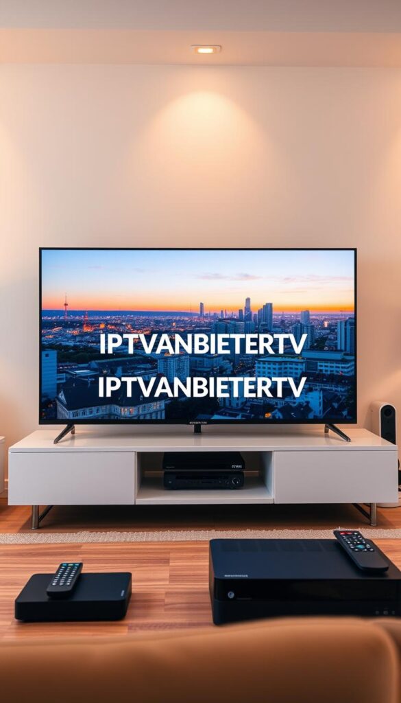 A sleek, modern television with a minimalist design stands prominently in the foreground, showcasing the IPTVANBIETERTV brand name in a clean, eye-catching manner. The screen displays a vibrant, high-quality image, hinting at the exceptional streaming capabilities of this IPTV provider. The television is situated in a well-lit, contemporary living room setting, with warm, soft lighting illuminating the scene. In the middle ground, various streaming devices, such as set-top boxes and remote controls, are neatly arranged, emphasizing the versatility and compatibility of IPTVANBIETERTV's services. The background features a cityscape, symbolizing the wide range of channels and content available through this IPTV provider, catering to the diverse needs of its German customers.