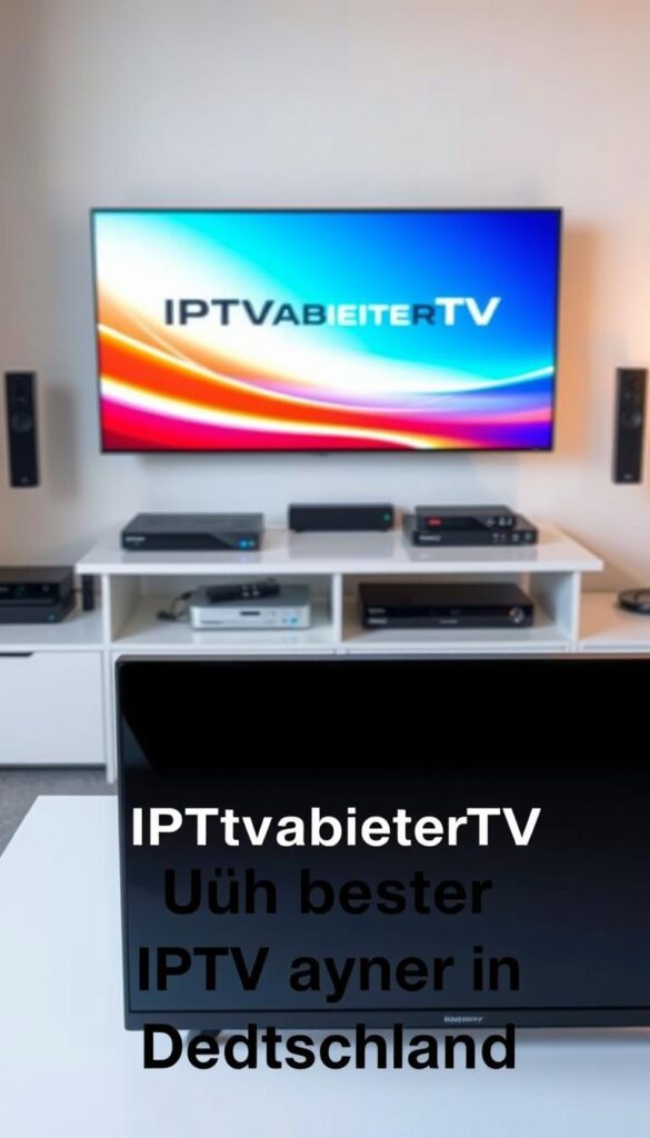 A sleek, modern television with the IPTVANBIETERTV brand logo prominently displayed on the screen. The TV is positioned on a clean, minimalist table against a backdrop of a neatly organized home entertainment setup, with cable boxes, streaming devices, and other IPTV accessories neatly arranged. The lighting is soft and warm, creating a cozy, inviting atmosphere. The scene conveys a sense of technological sophistication and reliable IPTV service, perfectly suited for the "IPTvanbieterTV: Ihr bester IPTV Anbieter in Deutschland" section of the article.