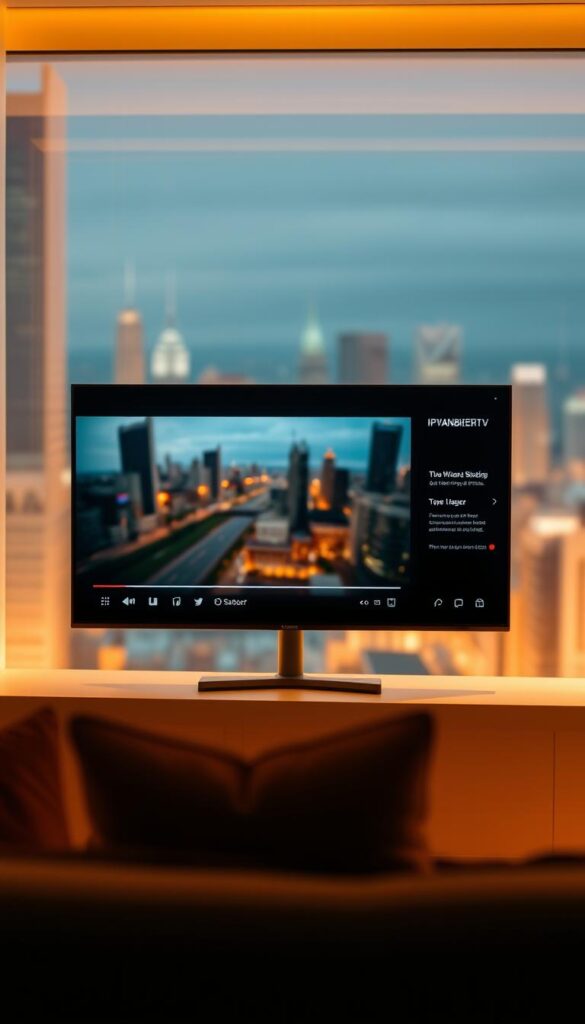 A sleek, modern user interface showcases the seamless IPTVANBIETERTV experience. The clean layout features a prominent central video player, flanked by a tidy sidebar with intuitive navigation controls. Subtle gradients and minimalist icons lend a high-tech aesthetic, while the warm lighting creates a cozy, inviting atmosphere. In the background, a blurred cityscape hints at the vast content library available at the user's fingertips. The overall impression is one of a polished, user-friendly solution that delivers exceptional value.