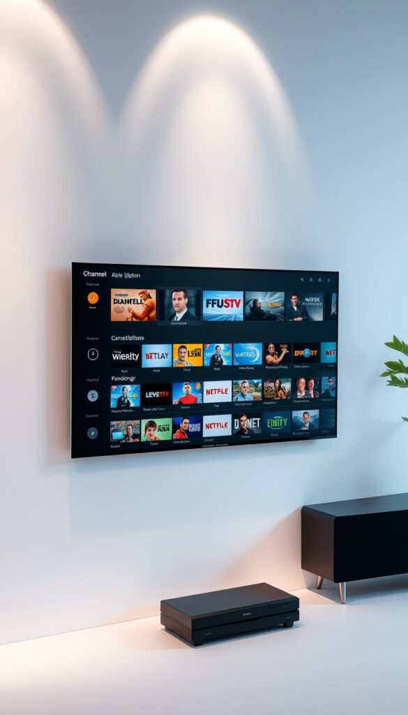 A sleek, modern user interface showcasing the IPTVANBIETERTV channel lineup, displayed on a VLC media player window against a stylish, minimalist backdrop. The interface features a clean, grid-like layout with crisp, high-definition channel logos and previews, creating an immersive and visually appealing experience. Subtle lighting and camera angles highlight the elegance and intuitiveness of the IPTV platform, conveying a sense of seamless, high-quality streaming. The overall atmosphere is one of technological sophistication and user-friendly accessibility, reflecting the "Streaming leicht gemacht" concept of the article's section.