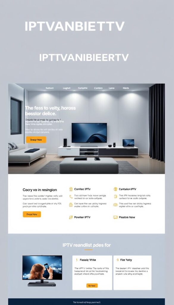 A sleek, modern website interface showcasing the IPTVANBIETERTV brand and their IPTV service. The hero section features a clean, minimalist design with a large, high-quality image of a living room setup, highlighting the versatility of IPTV across multiple devices. The layout is balanced, with well-placed calls-to-action and intuitive navigation. The color palette is sophisticated, blending cool grays and blues to convey a sense of professionalism and reliability. Subtle lighting and camera angles lend a sense of depth and dimension to the scene, creating an inviting and premium visual experience. The overall impression is one of a user-friendly, trustworthy IPTV provider offering a seamless online purchasing process.