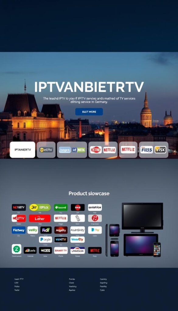 A sleek, modern website interface showcasing the "IPTVANBIETERTV" brand as the leading IPTV service in Germany. The homepage features a clean, minimalist design with a large hero image depicting a German cityscape at night, softly lit by warm tungsten lighting. In the foreground, a row of colorful IPTV service icons and logos are neatly arranged, highlighting the breadth of channels and content available. The midground features a product showcase of smart TV devices, tablets, and mobile phones, demonstrating the versatility of the IPTVANBIETERTV platform. The background subtly blends into a gradient of blues and grays, creating a sense of depth and sophistication. The overall mood is one of technological sophistication, reliability, and German efficiency.