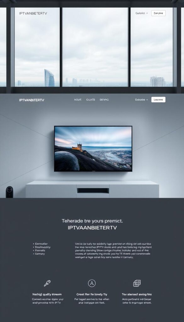 A sleek, modern website interface showcasing the IPTVANBIETERTV brand. The homepage features a hero image of a smart TV displaying a high-quality IPTV stream, surrounded by subtle geometric shapes and lines. The UI design is minimalist yet elegant, with crisp typography and a neutral color palette of grays, whites, and subtle blues. In the background, a cityscape can be seen through large windows, conveying a sense of urban sophistication. The overall mood is one of technological prowess, reliable service, and premium quality. The image should capture the leading position of IPTVANBIETERTV as the premier IPTV provider in Germany.
