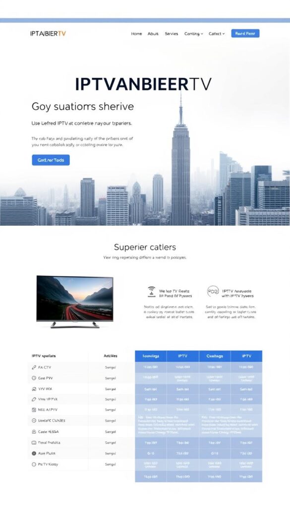 A sleek, modern website interface showcasing the IPTVANBIETERTV brand. The layout features a clean, minimalist design with a prominent hero section highlighting the key features and benefits of the IPTV service. The middle ground includes neatly organized comparison tables with detailed information about different IPTV plans and packages. The background features a sophisticated cityscape, conveying a sense of urban connectivity and technological advancement. The overall mood is professional, informative, and visually appealing, drawing the viewer's attention to the superior IPTV offering.
