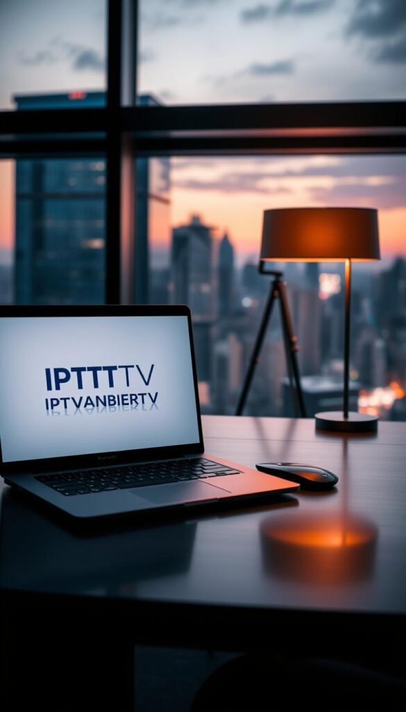A sleek, modern workspace with a laptop displaying the IPTVANBIETERTV logo prominently on the screen. The desk is made of polished dark wood, and a stylish lamp casts a warm glow across the scene. In the background, a large window overlooking a bustling city skyline, with a hint of evening light filtering through. The overall atmosphere conveys a sense of professionalism and legality, reflecting the premium IPTV service being offered. The composition is balanced, with the IPTVANBIETERTV logo as the focal point, surrounded by carefully curated details that suggest a high-quality, legitimate IPTV provider.