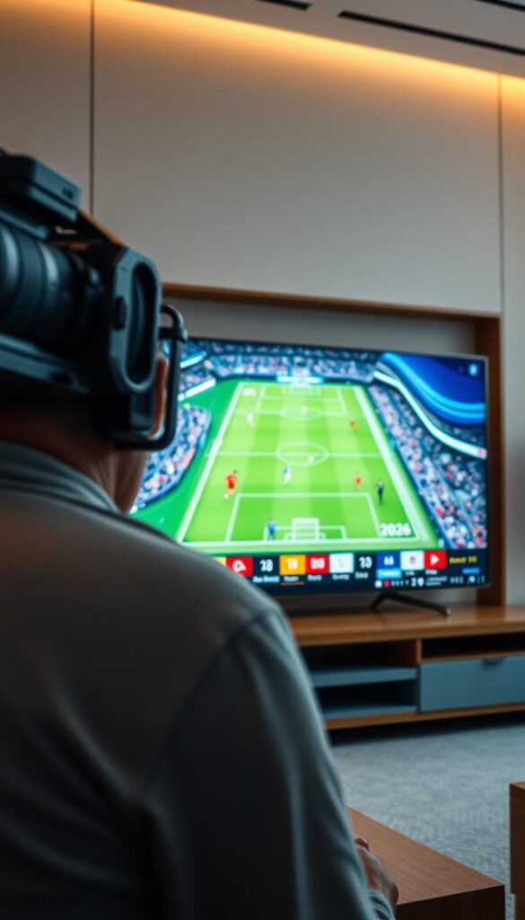 A sophisticated IPTV platform with crisp 4K streaming, the IPTVANBIETERTV offers a premier viewing experience for the 2026 World Cup. Set against a sleek, modern interface, a high-end TV showcases the vivid, lifelike visuals of the tournament matches. Subtle ambient lighting casts a warm glow, while a professional-grade camera lens captures every detail with cinematic clarity. The overall atmosphere exudes a sense of technological prowess and uncompromising quality, perfectly suited for the prestige of the world's biggest football event.