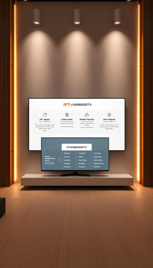 A sophisticated IPTV service with transparent and straightforward pricing options, presented against a sleek, modern backdrop. The image showcases a minimalist product display with a focus on the key IPTV tariff features, conveying a sense of professionalism and reliability. The layout is clean and uncluttered, allowing the IPTVANBIETERTV brand to take center stage. Warm, indirect lighting casts a soft glow, creating a welcoming and trustworthy atmosphere. The overall composition strikes a balance between simplicity and attention to detail, reflecting the transparent and hassle-free nature of the IPTV service.