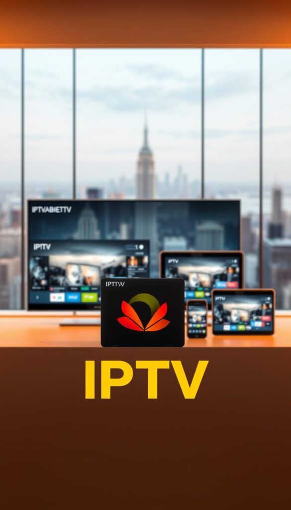 A sophisticated IPTV streaming service set against a sleek, modern backdrop. The IPTVANBIETERTV logo stands prominently in the foreground, its clean lines and vibrant colors commanding attention. In the middle ground, various devices - smart TVs, smartphones, tablets - seamlessly display the IPTV interface, showcasing its cross-platform compatibility. The background features a subtly blurred cityscape, hinting at the boundless connectivity and global reach of this IPTV service. Warm, directional lighting illuminates the scene, creating a sense of prestige and quality. The overall composition conveys a vision of effortless, high-quality IPTV streaming that can be enjoyed "lebenslang" across all your devices.