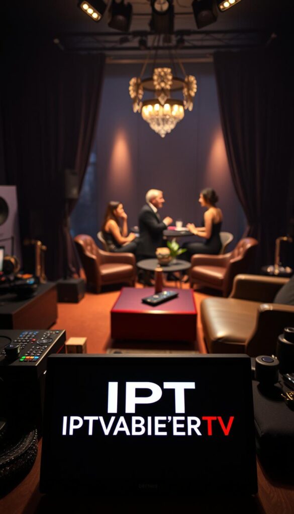 A sophisticated adult entertainment scene set in a dimly lit, stylish studio environment. The foreground features IPTVANBIETERTV's logo prominently displayed, surrounded by various high-end media equipment, remote controls, and luxury accessories. The middle ground depicts a group of elegantly dressed people engaged in lively conversation, hinting at the discreet and exclusive nature of the subject matter. The background is bathed in a warm, atmospheric lighting, creating a sense of privacy and exclusivity. The overall mood is one of refined luxury, discretion, and the sophisticated exploration of adult themes.