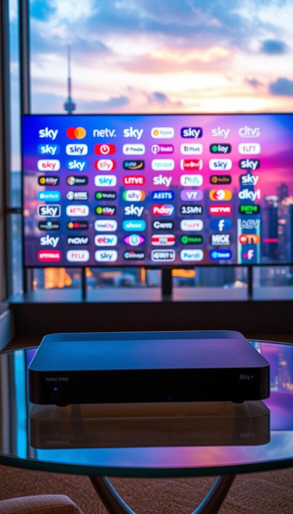 A sophisticated and futuristic IPTVANBIETERTV sky scene, showcasing the advantages of IPTV compared to traditional Sky subscriptions. In the foreground, a sleek and modern IPTV device with a minimalist design sits atop a glass table, casting a soft glow. In the middle ground, a large, high-definition TV screen displays a diverse array of Sky channel logos, hinting at the extensive content available. The background features a panoramic view of a futuristic cityscape, with towering skyscrapers and a vibrant, neon-lit sky, evoking a sense of technological advancement and urban sophistication. The lighting is warm and inviting, creating a welcoming atmosphere that emphasizes the convenience and affordability of the IPTV Sky offering.
